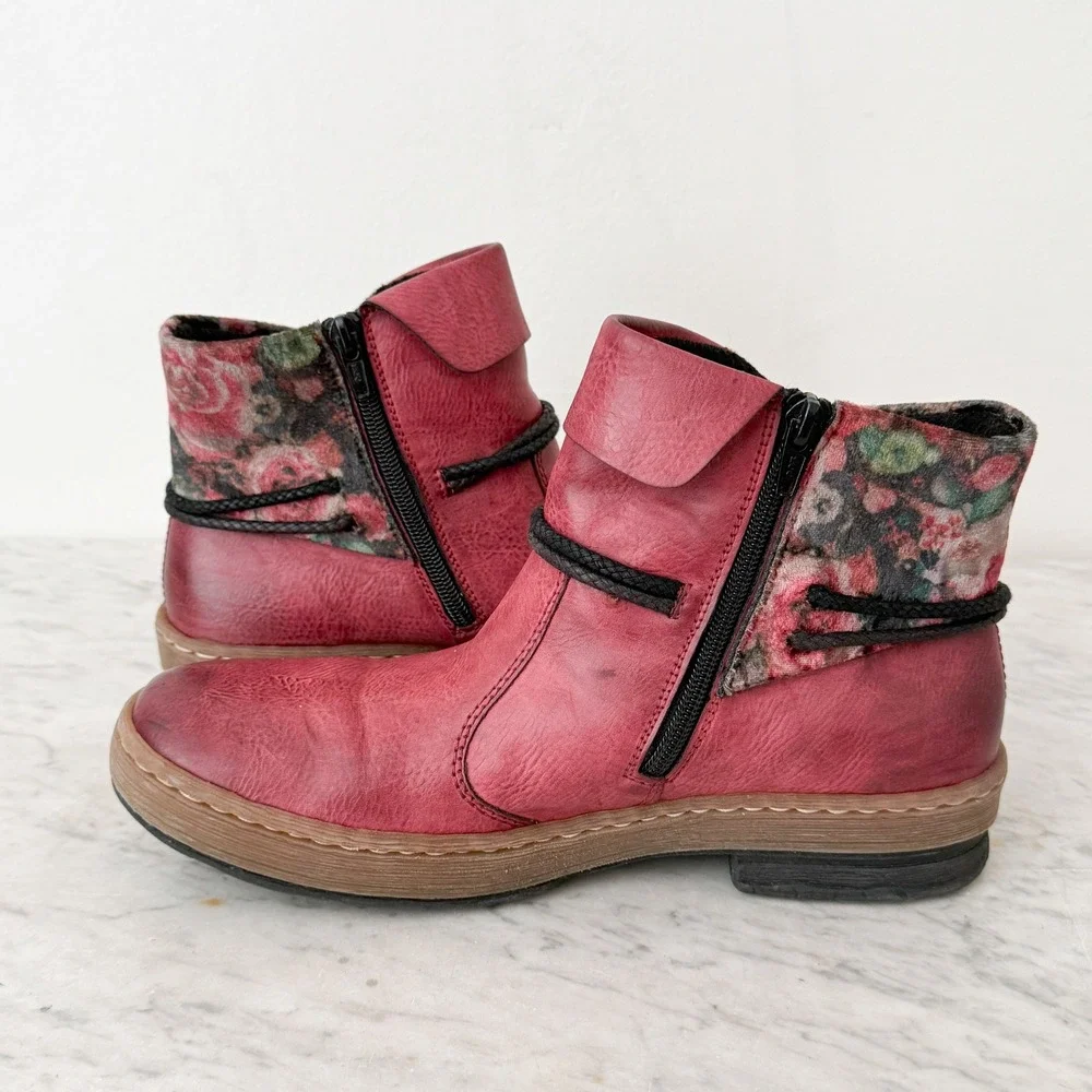 Rieker Ankle Boots Floral Boho 40 Red Burnished Leather Zip Booties‎